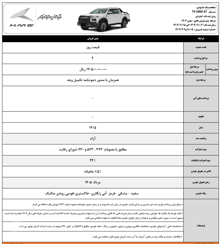 طرح پیش فروش عادی کی ام سی مدل T9 2000 AT بهمن ۱۴۰۴