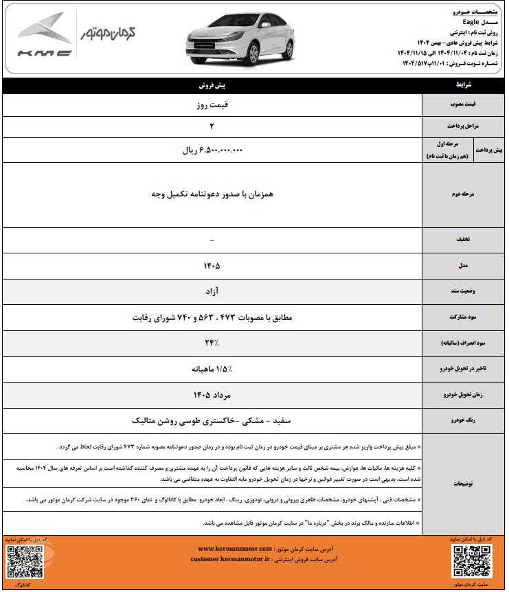 طرح ثبت نام فروش عادی KMC Eagle تاریخ بهمن ۱۴۰۴