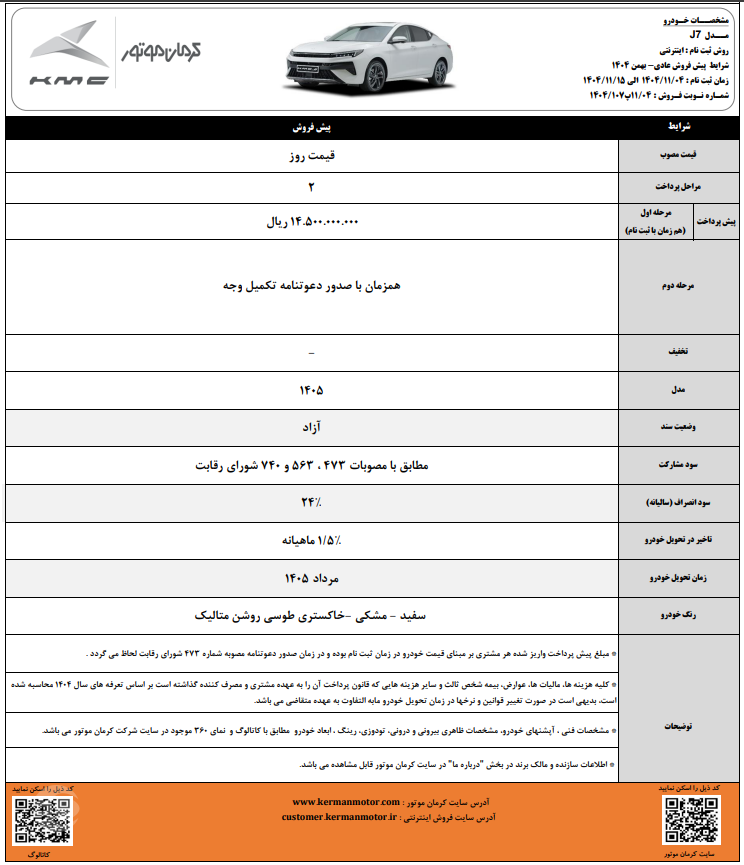 طرح پیش فروش عادی کی ام سی مدل J7 بهمن ۱۴۰۴