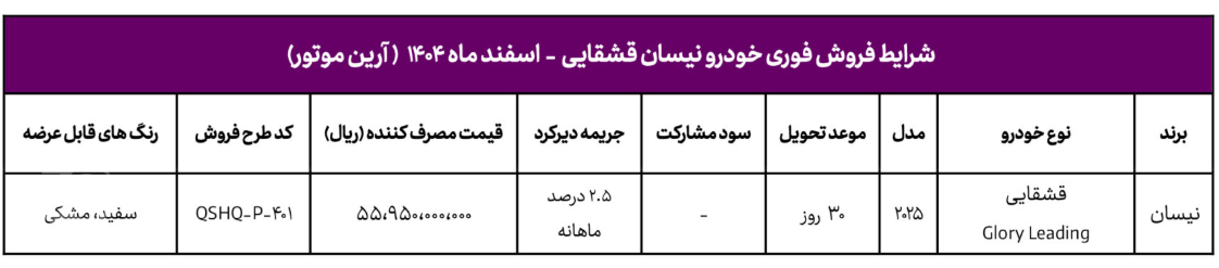 بخشنامه فروش فوری خودروی نیسان قشقایی - ۵ اسفند ۱۴۰۴