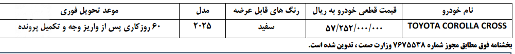 شرایط فروش فوق العاده کرولا کراس هیبرید تامین کانی سام - 19 اردیبهشت 1405