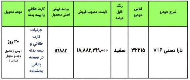 فروش فوری تارا دستی V1P از سیستم فروش نمایندگی - ۶ مرداد ۱۴۰۵